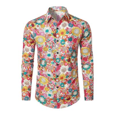 Men's Hippie Long-Sleeve Shirt, 1970s/80s Disco Outfit with Glitter, Colorful Floral Button-Up
