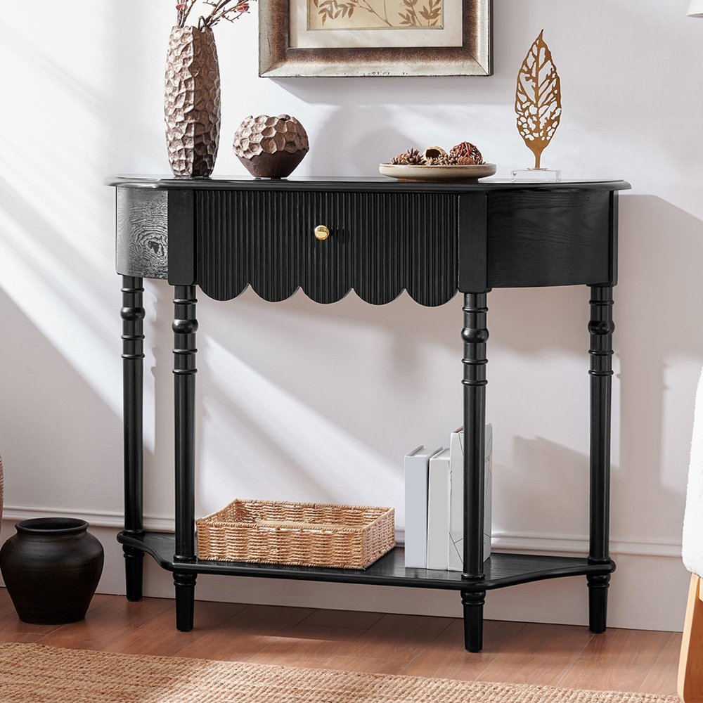 CUXAHO Narrow Solid Wood Console Table with Drawer, Nero, 90 cm/35 in