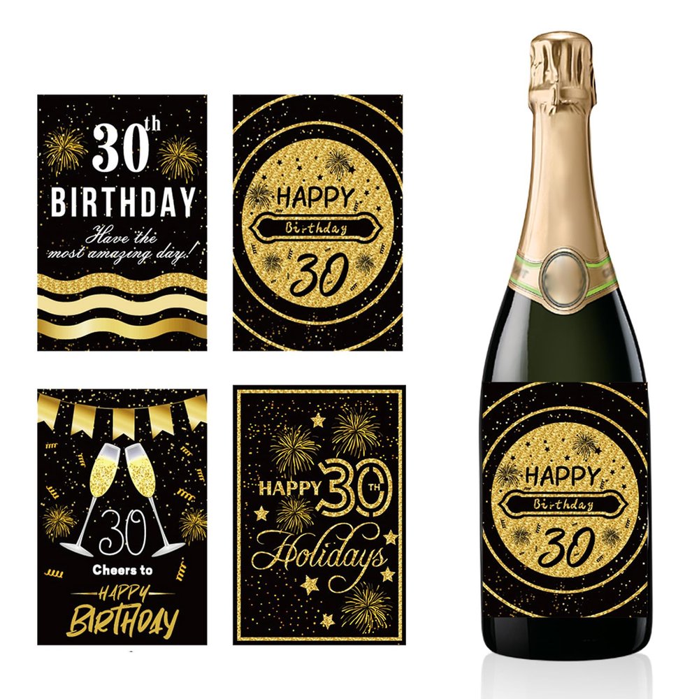 Elegant Bottle Labels, 36 Black-Gold Labels for 30th Birthday