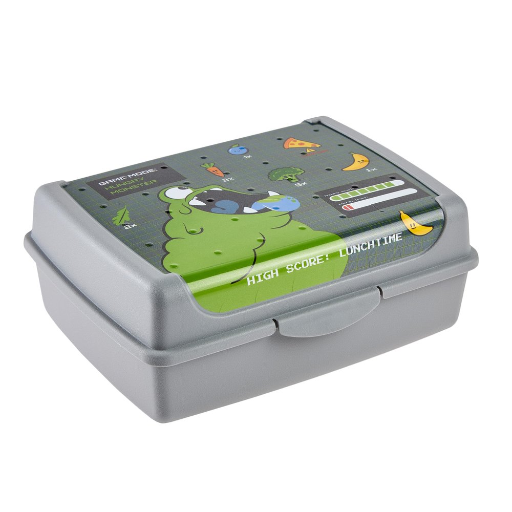 keeeper carla Handy Food Box, 1 L, Midi, 17 x 13 x 7 cm, Lunchbox, Design: Monster Gamer, Grey (Nordic Grey)