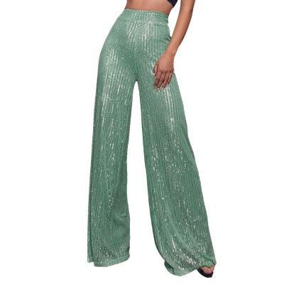 Women's Silver High-Waisted Wide-Leg Sequin Pants – 70s Party Style (01 GN1, L)