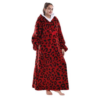 Yzehomijia Long Hoodie Blanket with Sleeves for Women & Adults, Soft Warm Wearable Blanket, Red Leopard Print