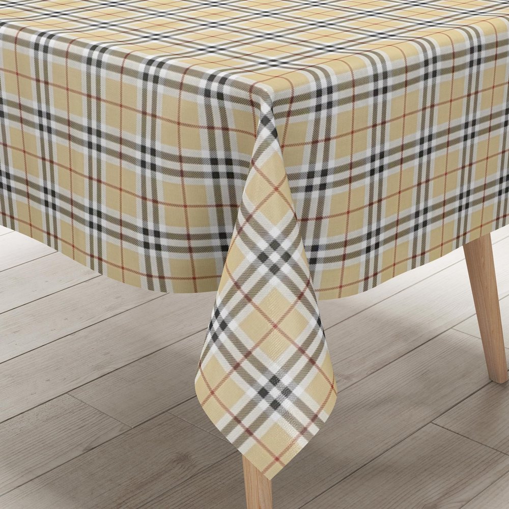 KEVKUS Embossed PVC Oilcloth Tablecloth 619-1 Beige Checkered Oxford Tartan Scotland