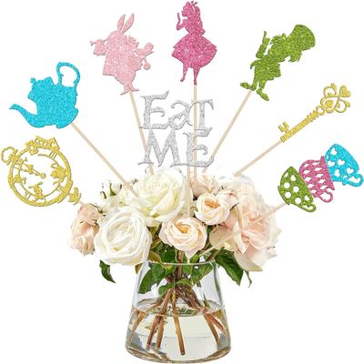 16-Piece Magical Alice Cake Toppers with Glitter Bowl, Key, Clock and Fairy Designs