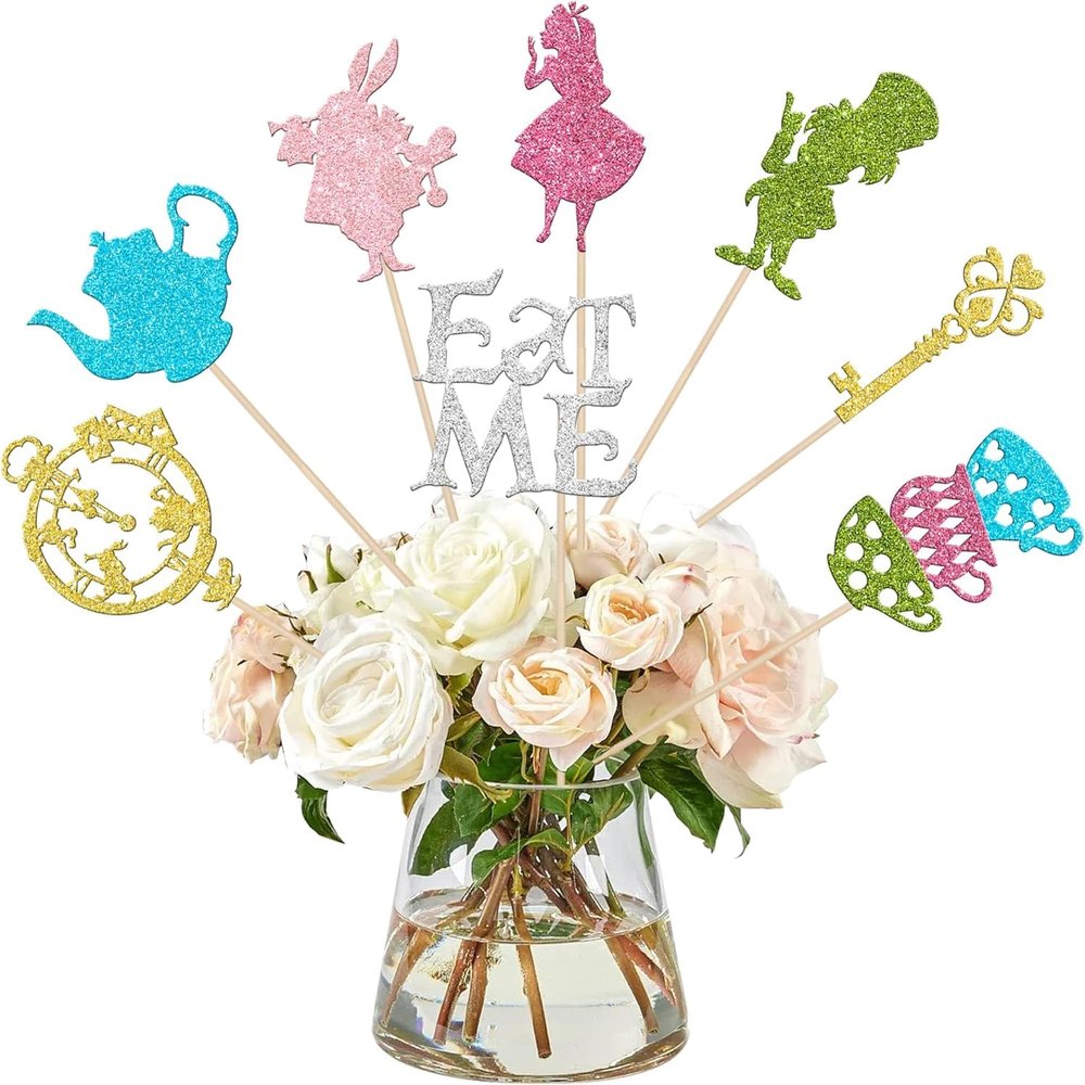 16-Piece Magical Alice Cake Toppers with Glitter Bowl, Key, Clock and Fairy Designs
