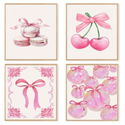 dzxnouart Canvas Art, Pink Bow Design, Unframed, Trendy, Chic, for Bathroom, Dorm, Bedroom, 21 x 30 cm, Set of 4