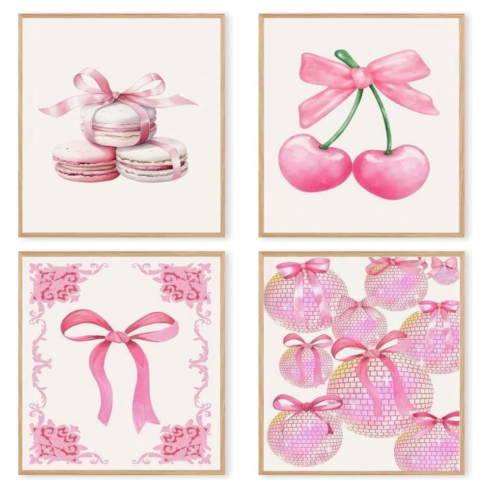 dzxnouart Canvas Art, Pink Bow Design, Unframed, Trendy, Chic, for Bathroom, Dorm, Bedroom, 21 x 30 cm, Set of 4