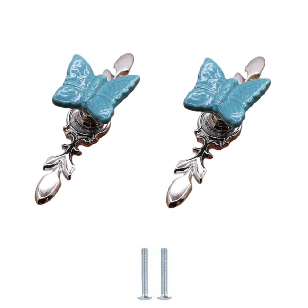 EYRMQWJPC Round Ceramic-Zinc Alloy Cabinet Knobs, 2-Pack, Blue Butterfly-Trumpet Design