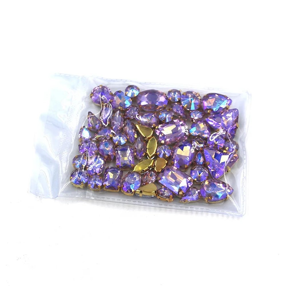 SDGBCXD Sew-On Glass Crystal Rhinestones, Gold Base, Multicolor, Mixed Shapes, 5-Pack (Crystal Purple AB1)