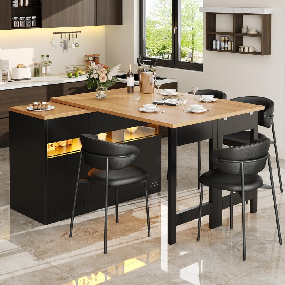 Dolaman Extendable Bar Table 120–180 cm with LED Lighting and 360° Rotation, Storage, Black CC