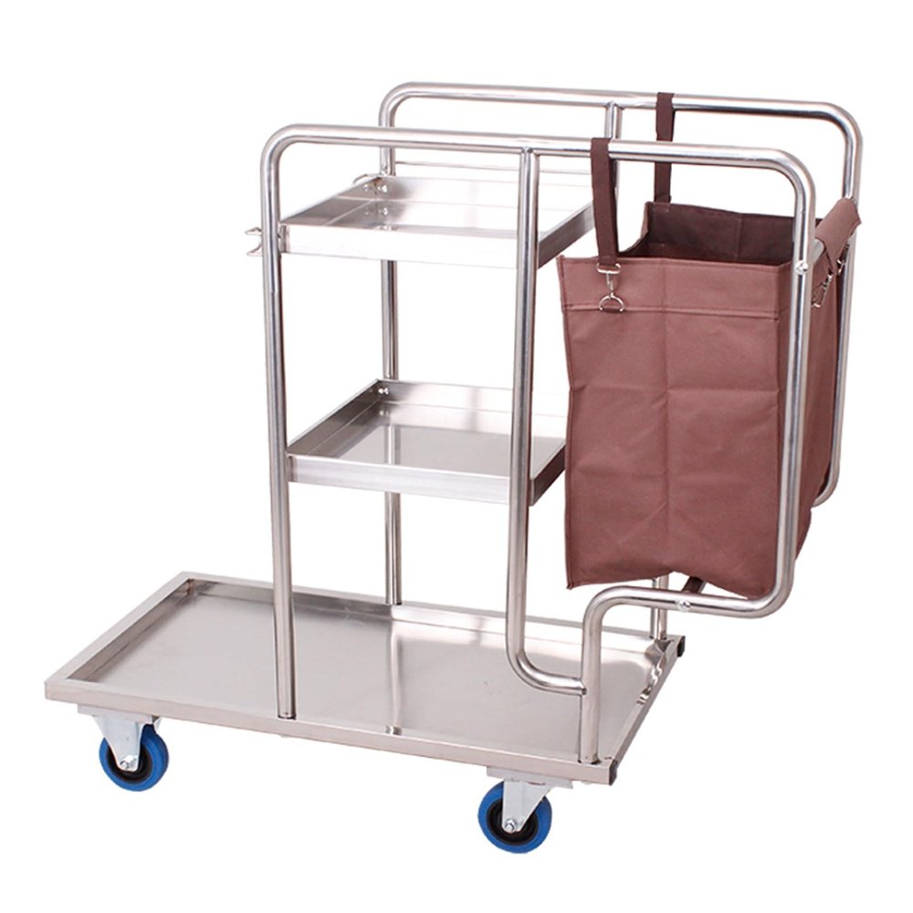 Stainless Steel Cleaning Cart, Mobile Housekeeping Service Trolley for Commercial Use in Gardens, Schools, Hospitals, Factories, and Hotels