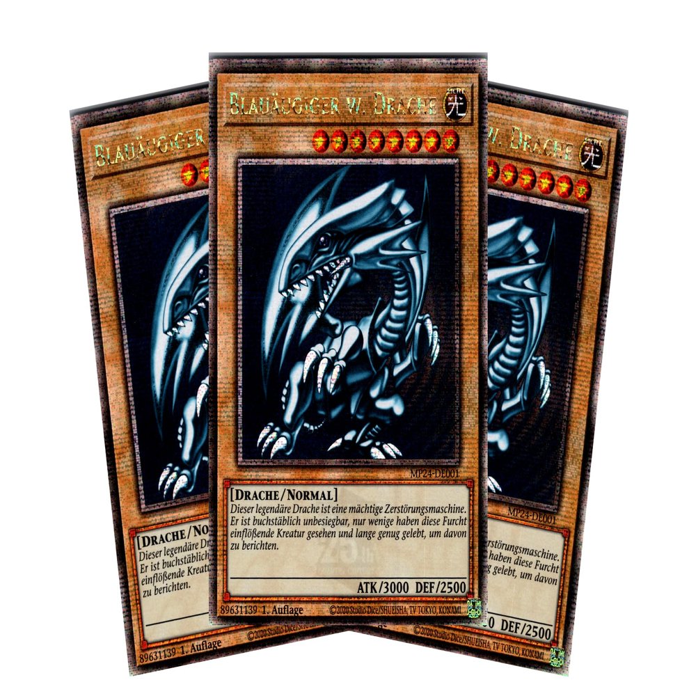 Blue-Eyes White Dragon Playset (3 Cards) - MP24-DE001 - Quarter Century Secret Rare - 1st Edition - German - Yu-Gi-Oh! 25th Anniversary Tin: Dueling Mirrors - Includes RC Field Center
