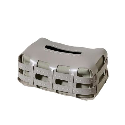 Decorative Woven Tissue Box Cover, PU Leather, Gray