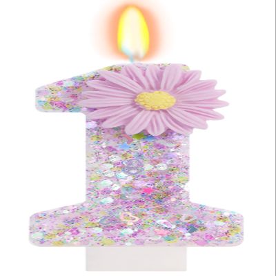1st Birthday Candle Girl Purple Glitter