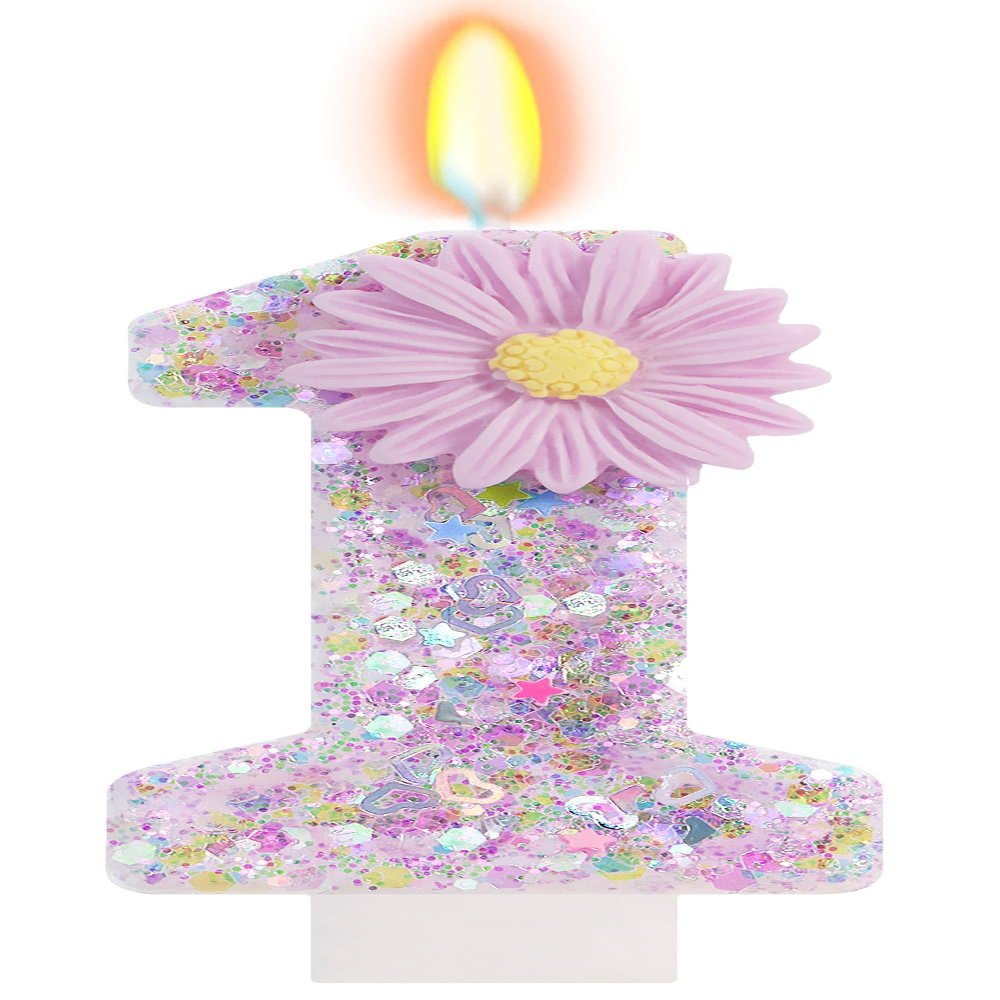 1st Birthday Candle Girl Purple Glitter