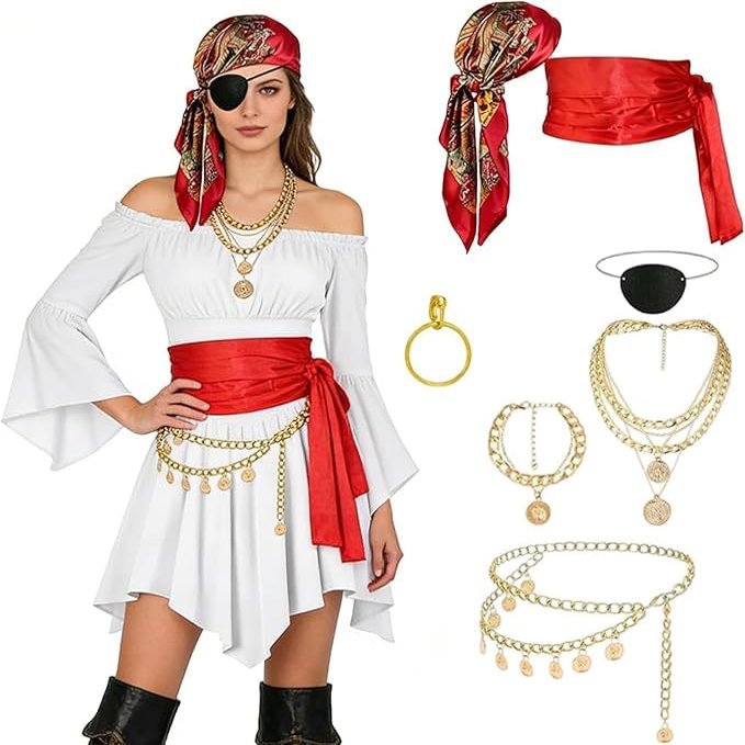 Women's Pirate Costume Set with Corset Belt, Headscarf and Eye Patch