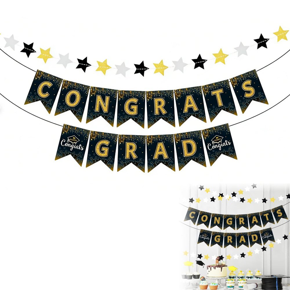 Graduation Banner Set - Black and Gold Congrats Grad