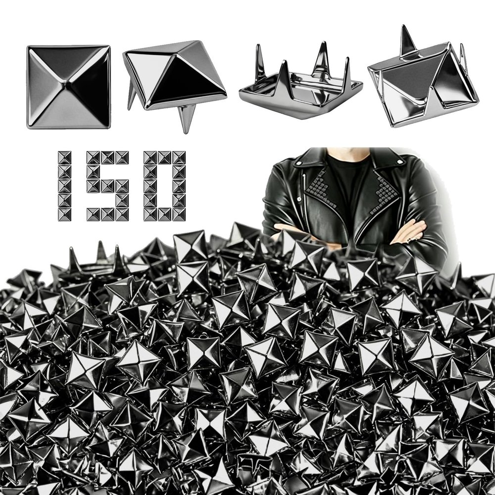 PDKKFF 150 Pcs Square Metal Studs, 8mm Black Pyramid Rivets