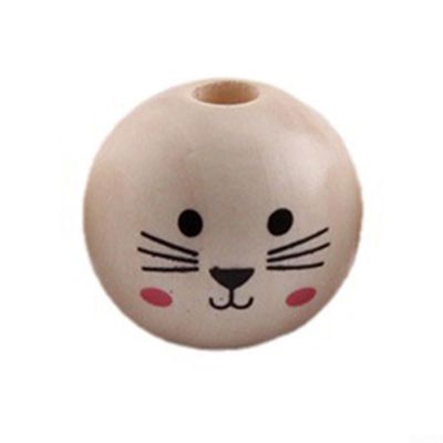 Round Wooden Beads, Set of 10, 20 mm Size, Fun Face Print, Ideal for Children's Jewelry and Accessories (Cat Face)