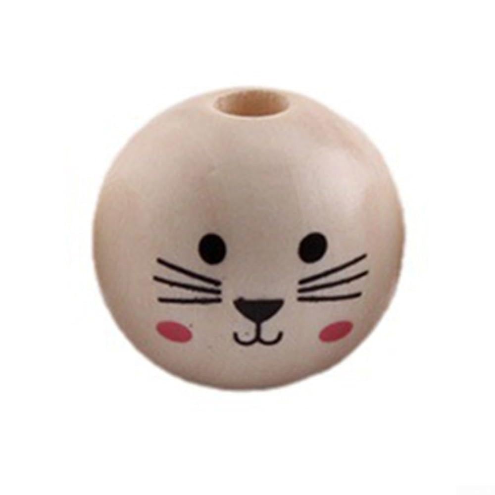 Round Wooden Beads, Set of 10, 20 mm Size, Fun Face Print, Ideal for Children's Jewelry and Accessories (Cat Face)