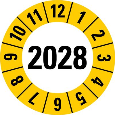 2028 Annual Inspection Stickers, Yellow, 25 per Sheet, Round, 20 mm