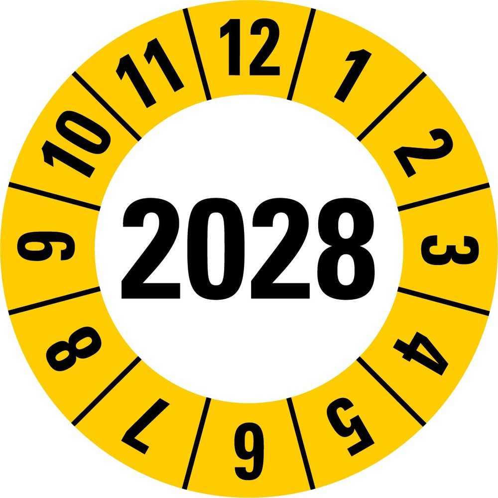 2028 Annual Inspection Stickers, Yellow, 25 per Sheet, Round, 20 mm