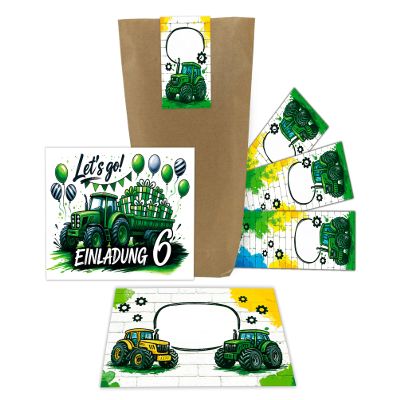 8 Farm Tractor Invitations for a 6th Birthday, Boys and Girls, with 8 Envelopes, 8 Party Bags and 8 Stickers