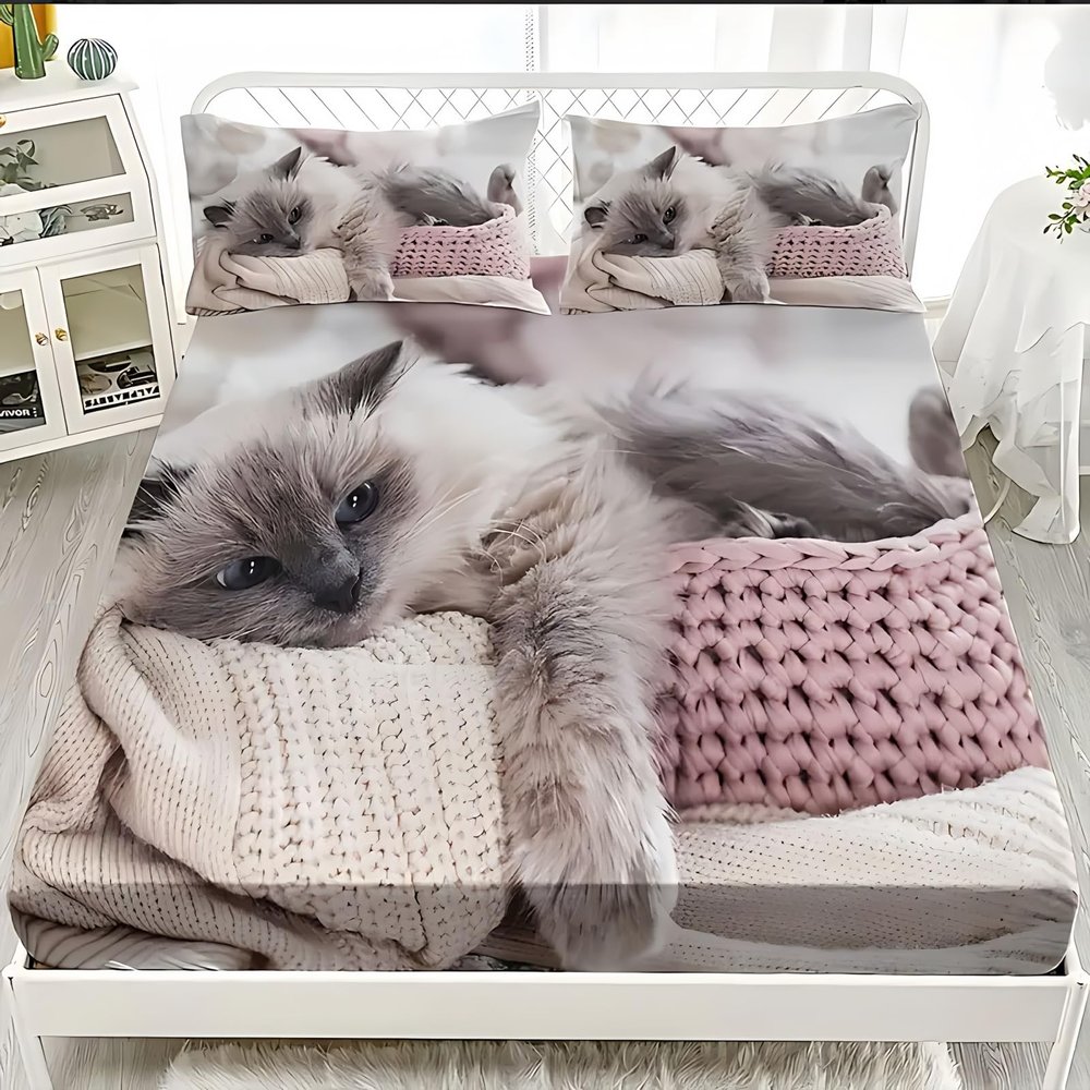 ZKTCYC Girls' Fitted Sheet 160 x 200 cm, Up to 30 cm Deep, Ragdoll Cat Design, Microfiber Set with 80 x 80 cm Pillowcase