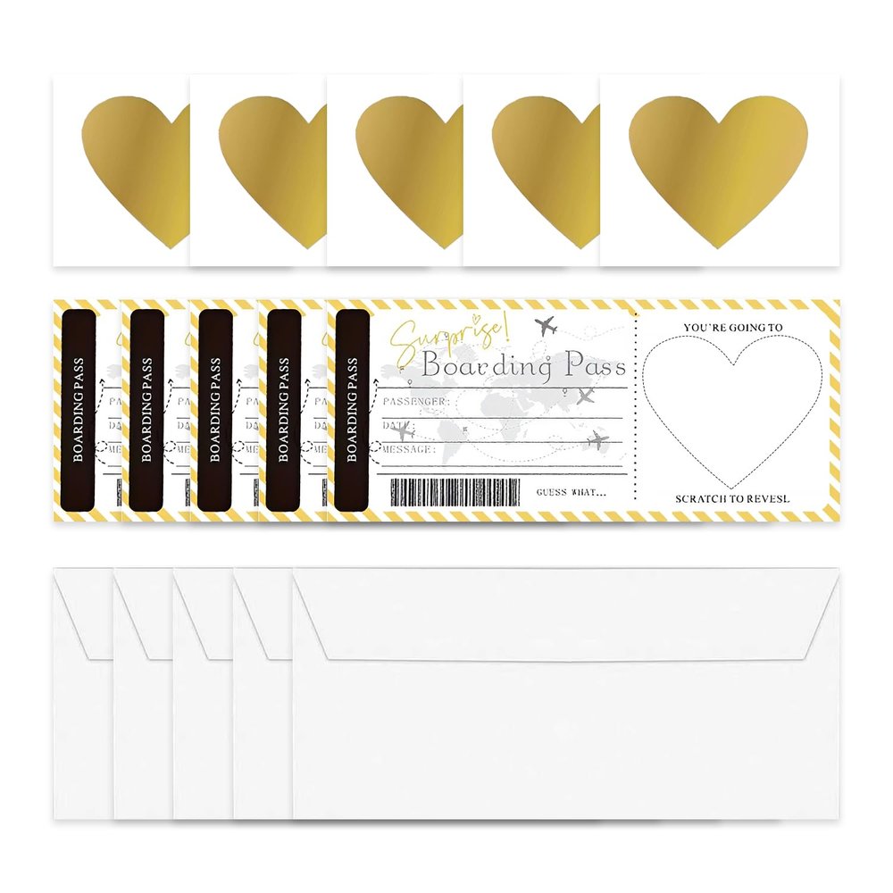 5 Scratch-Off Boarding Cards and Envelopes - Travel Theme
