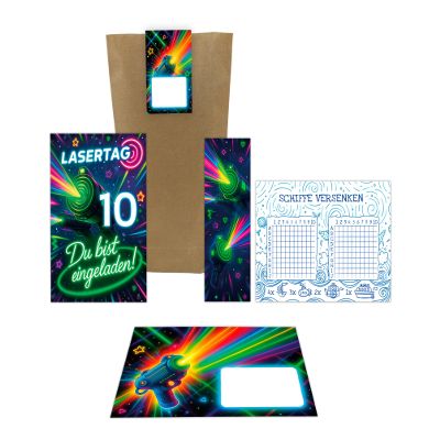 12 Laser Tag Invitations for a 10th Birthday with Envelopes, Favor Bags, Stickers, Bookmarks and Battleship Game Sheets