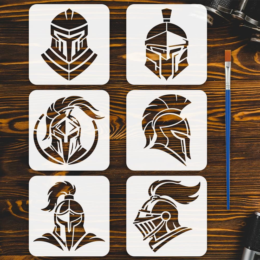 FINGERINSPIRE 6-Piece Knight Helmet Stencil Set with Brush 10x10cm