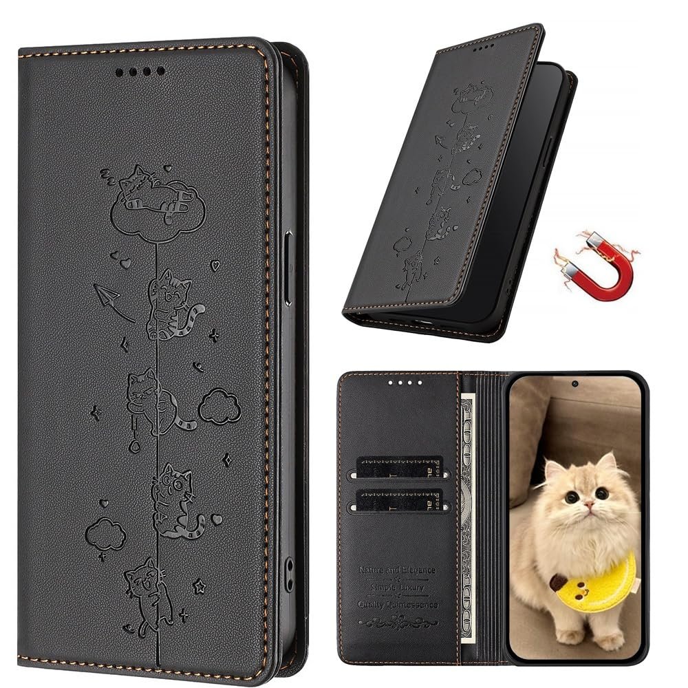 EuoDuo Compatible with Google Pixel 10 Pro XL 5G Flip Case, PU Leather Cat Pattern Wallet Cover, Magnetic Closure, Black