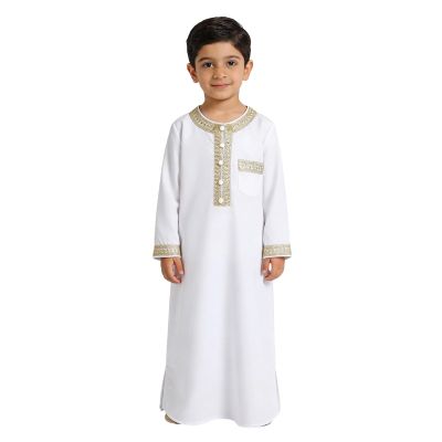 Boys' Arabic Thobe Muslim Prayer Robe, Long Sleeve, White, 4Y