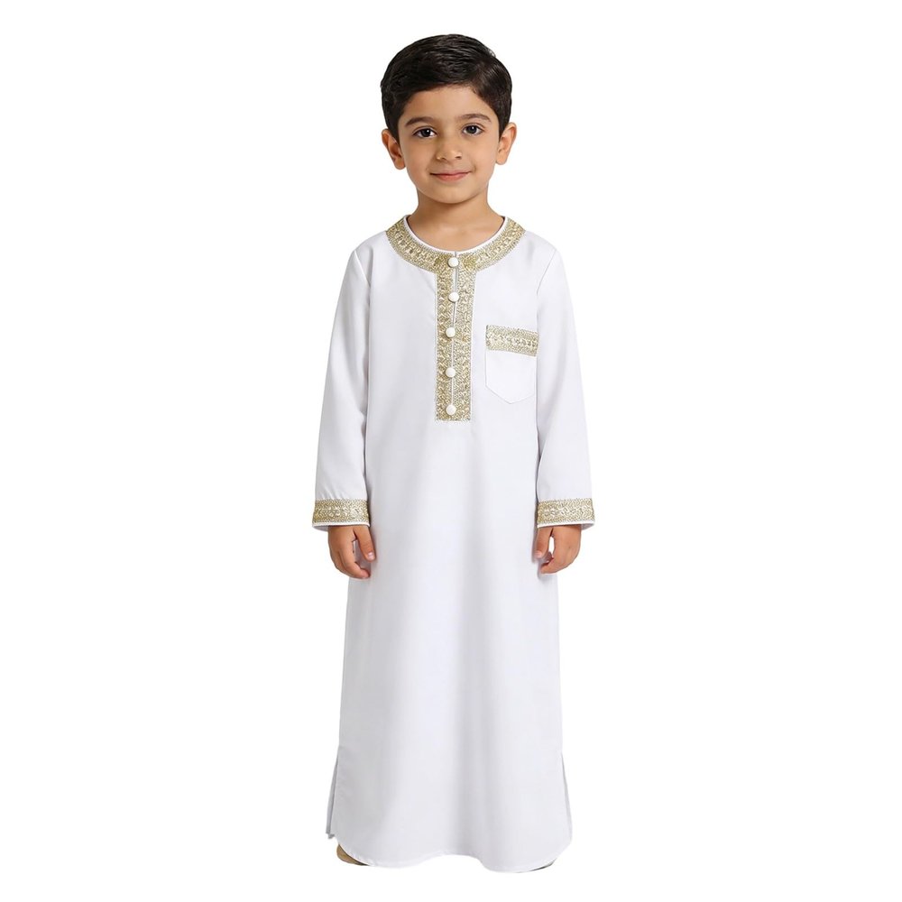 Boys' Arabic Thobe Muslim Prayer Robe, Long Sleeve, White, 4Y