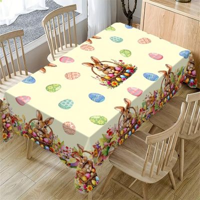 Easter Bunny and Egg Tablecloth, Floral Pattern, 140 x 140 cm Square