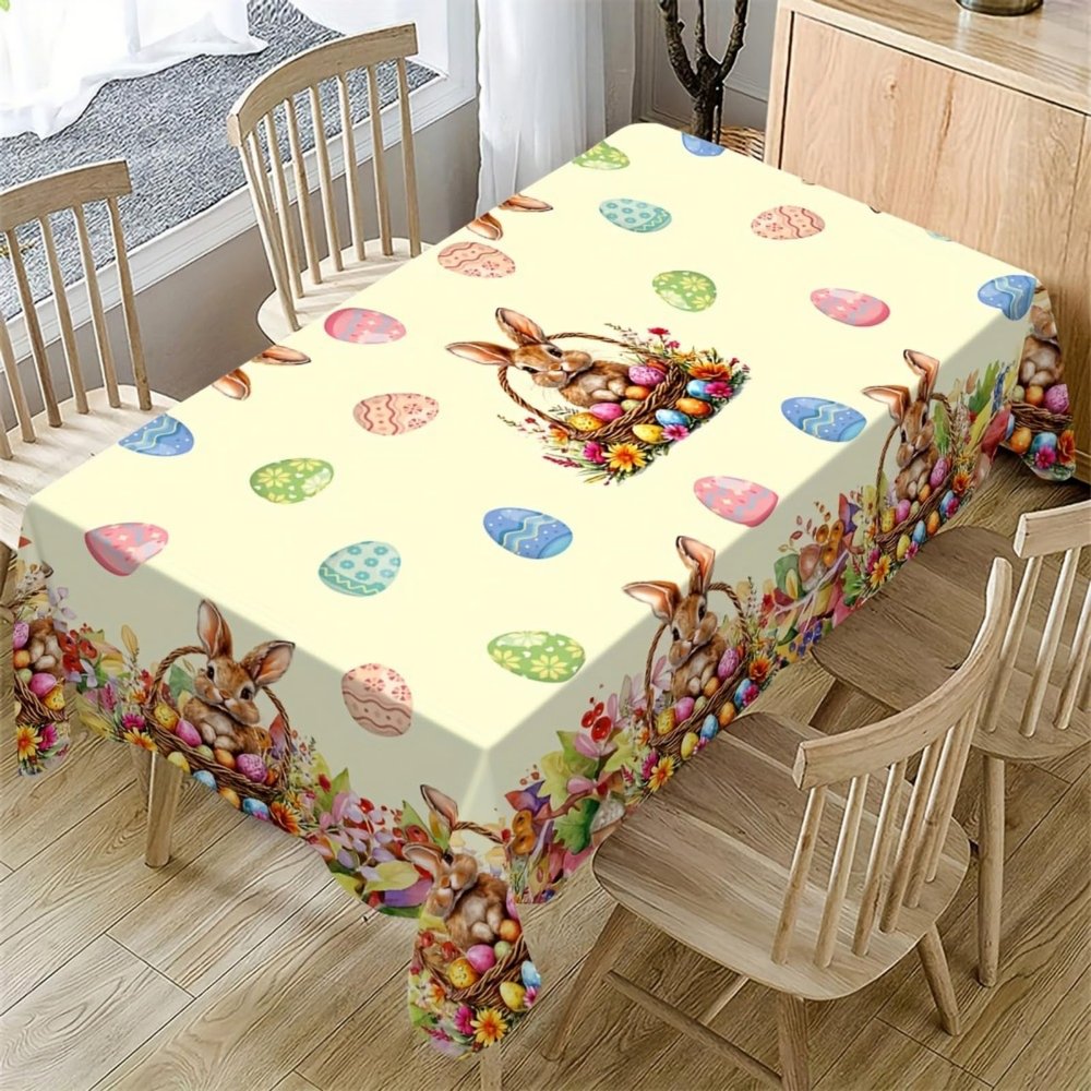Easter Bunny and Egg Tablecloth, Floral Pattern, 140 x 140 cm Square