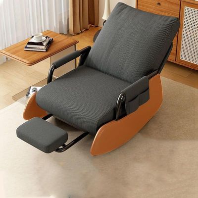 Adjustable Folding Rocking Recliner with Footstool, Carbon Steel, Side Pocket, Gray and Brown