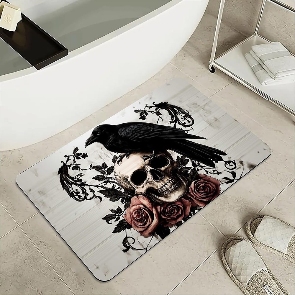 Diatomaceous Earth Bath Mat, Gothic Skull and Roses Design, Non-Slip, Super Absorbent, Quick-Drying, Easy-Clean, 20 x 31 in (50 x 80 cm)