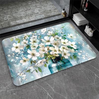 OBASDFD Diatomaceous Earth Bath Mat, Watercolor Design with Pink Flowers, Non-Slip, Highly Absorbent, Quick-Drying, for Bathroom and Kitchen (#24, 17 x 27.5 in / 43 x 70 cm)