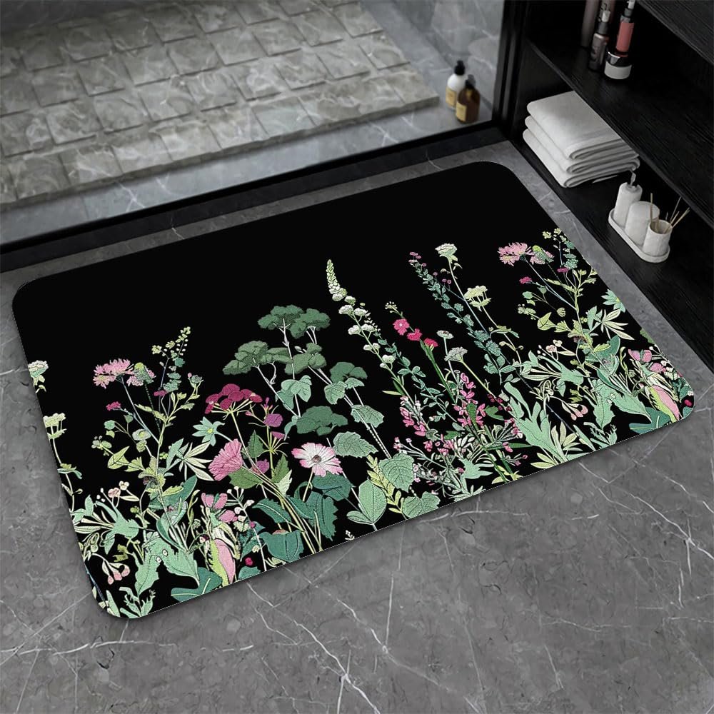 OBASDFD Diatomaceous Earth Bath Mat, Pink Watercolor Floral Design, Non-Slip, Quick-Drying, 16 x 24 in (40 x 60 cm) (#13)