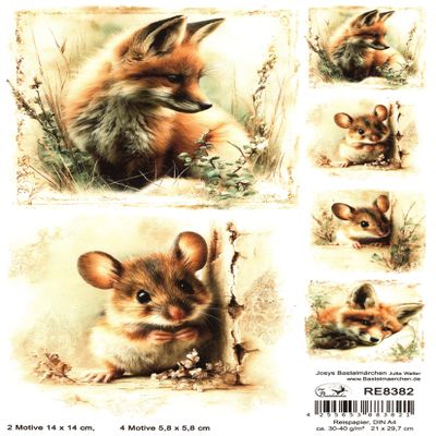 Josys Craft Fairy Rice Paper A4 Decoupage Collection Animals 14x14 Fox Mouse RE8382
