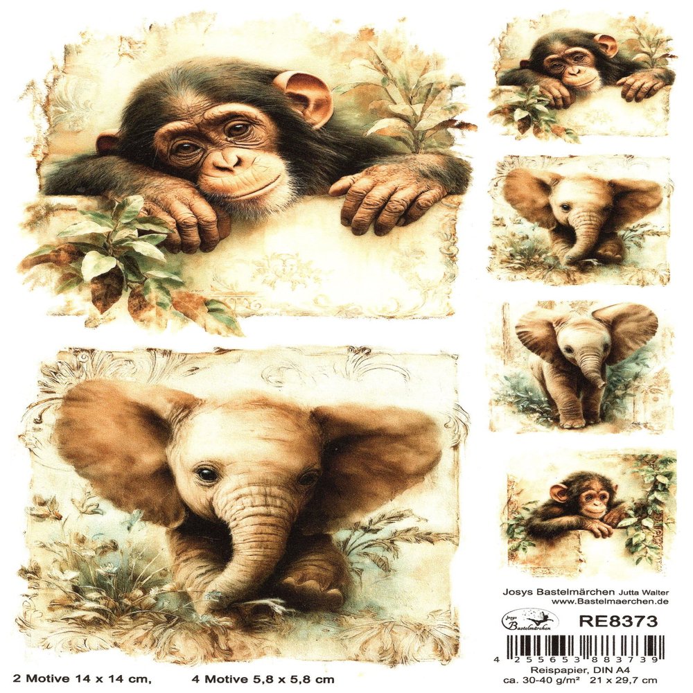 Josys Craft Fairy Rice Paper A4 Collection Animals 14x14 Monkey ELEPHANT RE8373
