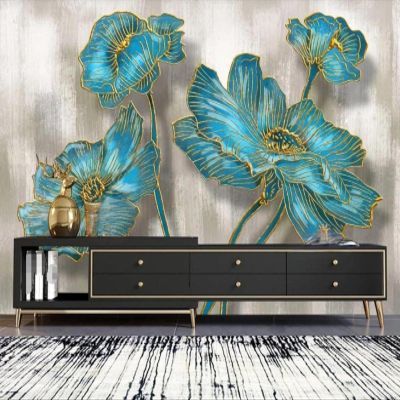 Tzxztt 3D Blue Floral Wallpaper with Gold Lines, Textured Silk, 300 x 210 cm