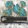 Tzxztt 3D Blue Floral Wallpaper with Gold Lines, Textured Silk, 300 x 210 cm view 1