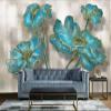 Tzxztt 3D Blue Floral Wallpaper with Gold Lines, Textured Silk, 300 x 210 cm view 2