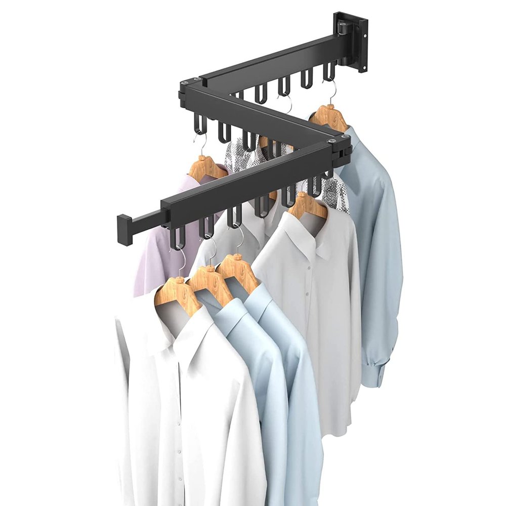 Extendable Wall-Mounted Clothes Rack - Foldable, Space-Saving, Adjustable Black Clothes Rod