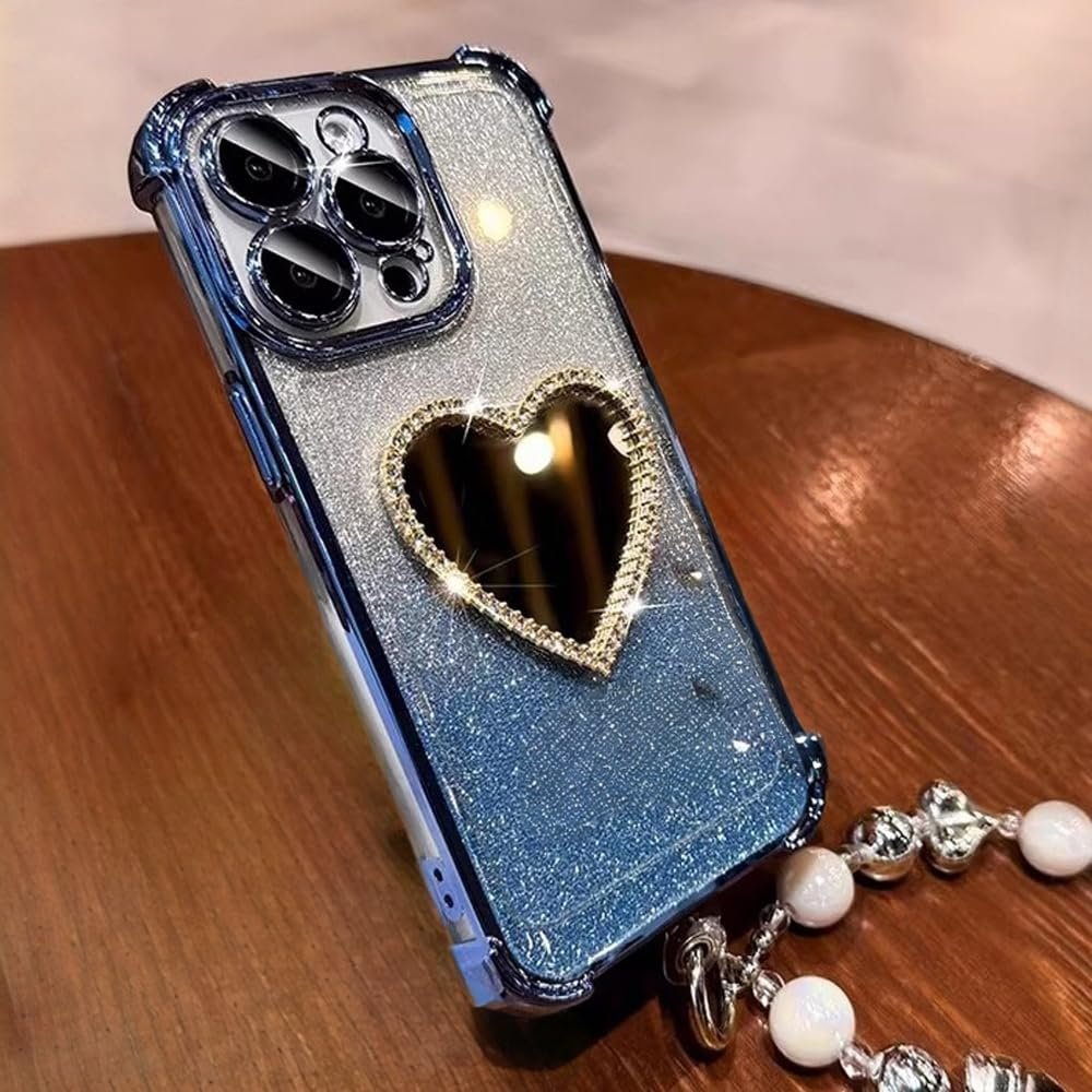 Blue Glitter Phone Case for Motorola Moto G53 with Heart Mirror, Rhinestone Trim and Beaded Wrist Strap