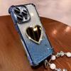 Blue Glitter Phone Case for Motorola Moto G53 with Heart Mirror, Rhinestone Trim and Beaded Wrist Strap view 1