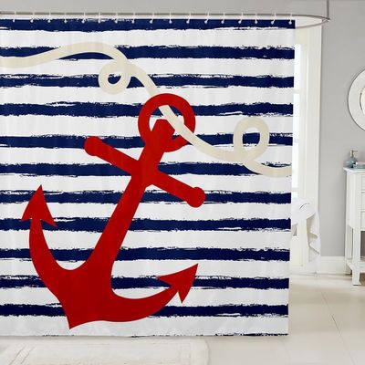 AUWUUA Nautical Anchor Shower Curtain, 85 x 200 cm, Navy Blue Geometric Stripes