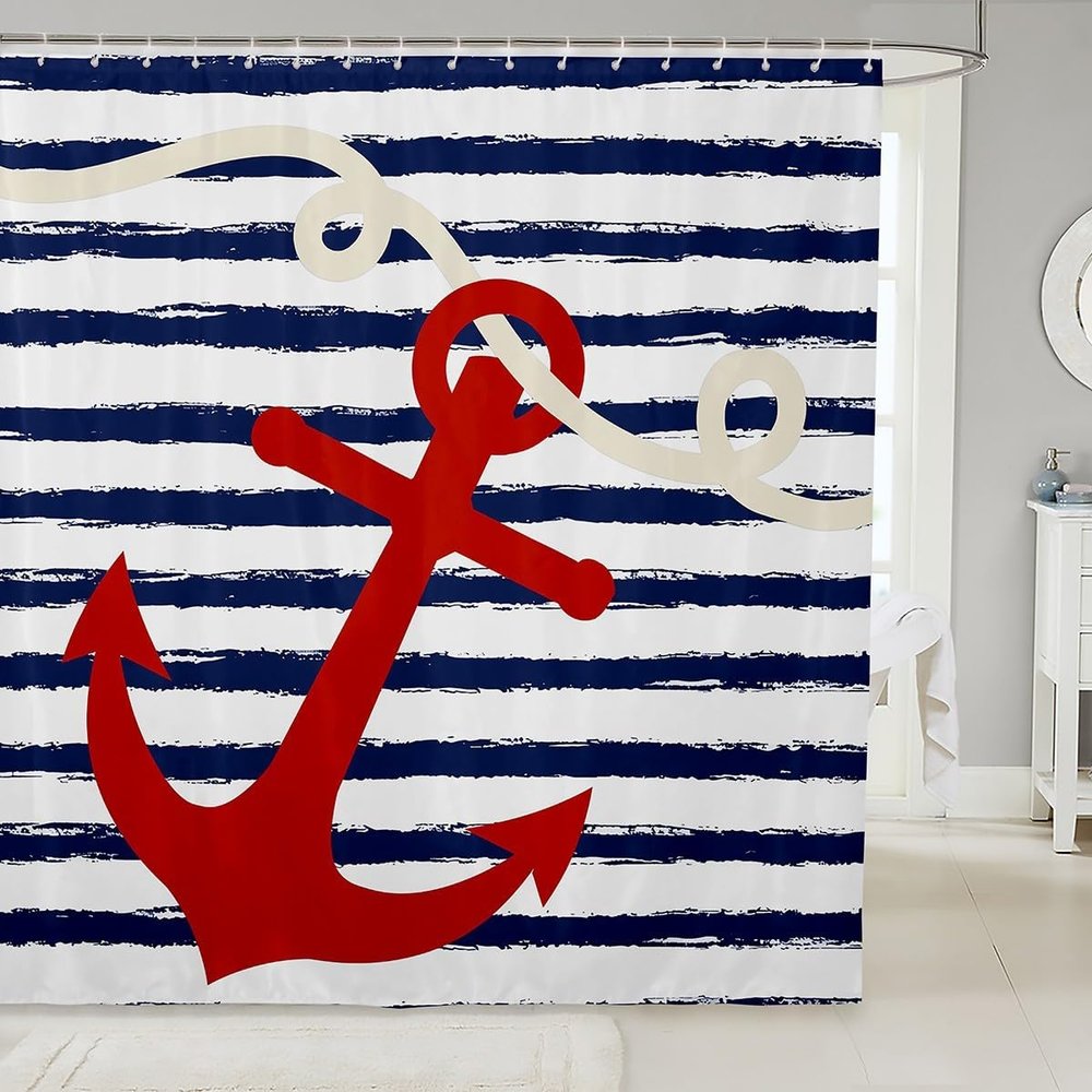 AUWUUA Nautical Anchor Shower Curtain, 85 x 200 cm, Navy Blue Geometric Stripes